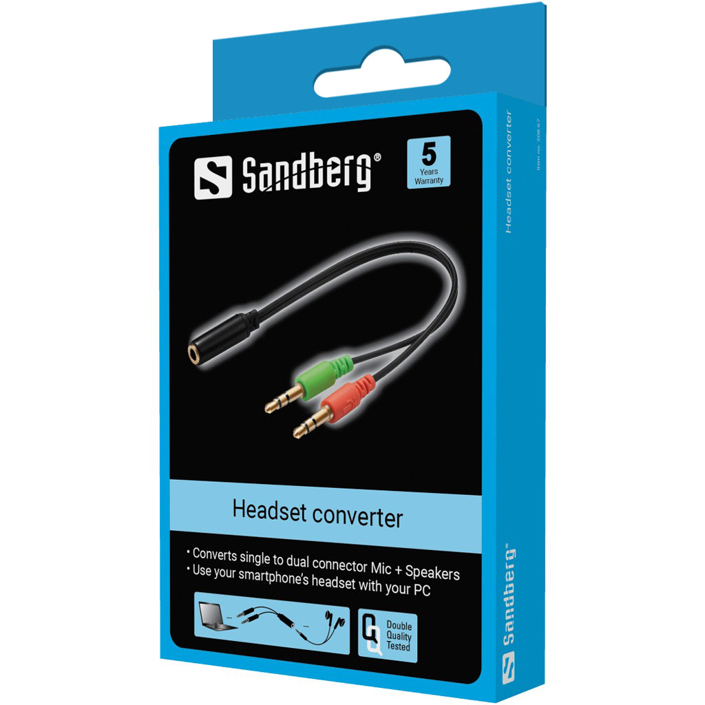 Sandberg 508-67 Headset Converter – 2 x 3.5mm Male to 3.5mm Female Audio Adapter, Black, RoHS