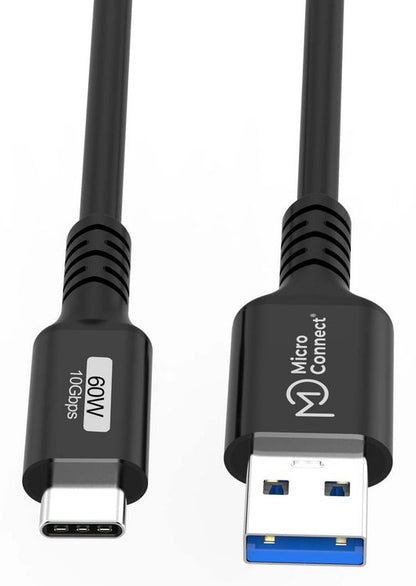 MicroConnect USB3.2AC015 USB-C to USB-A Cable – 0.15m, 10Gbps, 60W, Black
