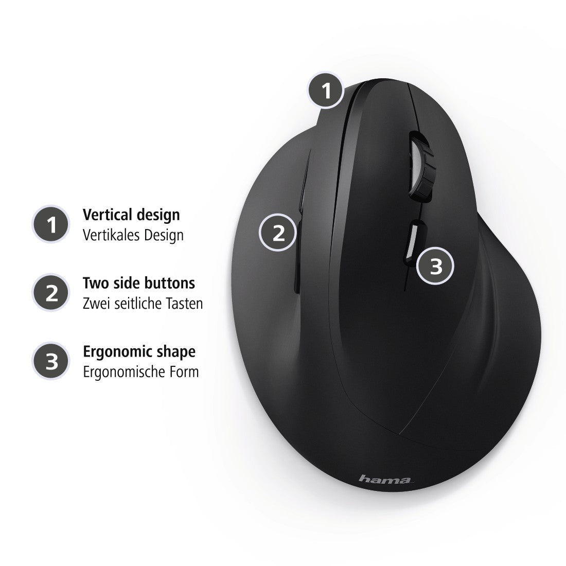 Hama 00182698 EMC-500 Vertical Ergonomic Mouse – USB Type-A, 1800 DPI, Black