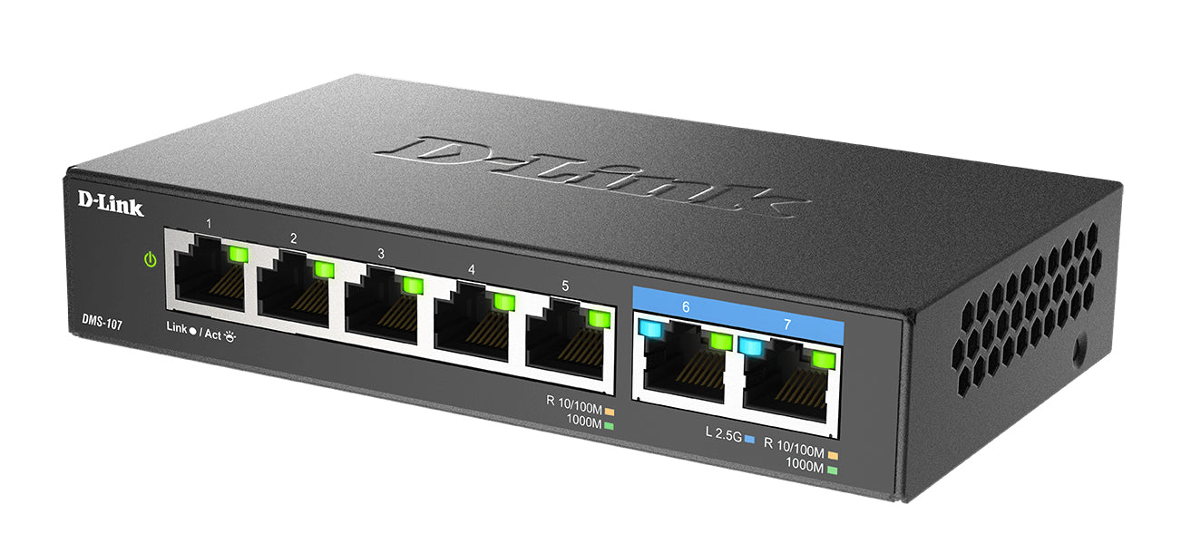 D-Link DMS-107/E 7-Port Multi-Gigabit Unmanaged Network Switch – Metal, Fanless