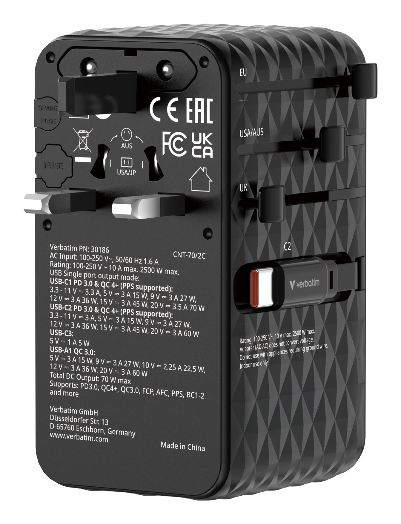 Verbatim 30186 Charge 'n' Travel 70W Universal Travel Adapter – GaN, 2C, Fast Charging, Black