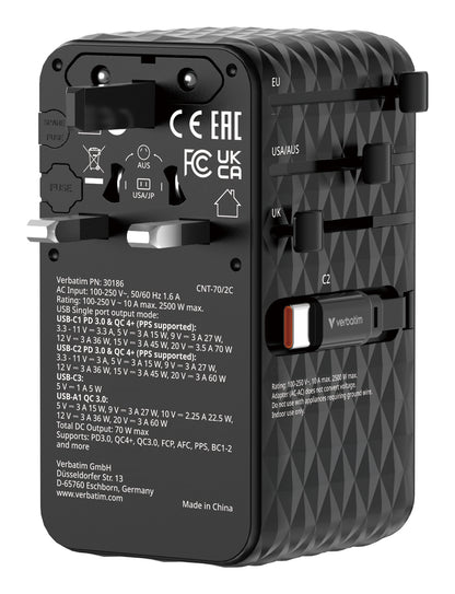 Verbatim 30186 Charge 'n' Travel 70W Universal Travel Adapter – GaN, 2C, Fast Charging, Black