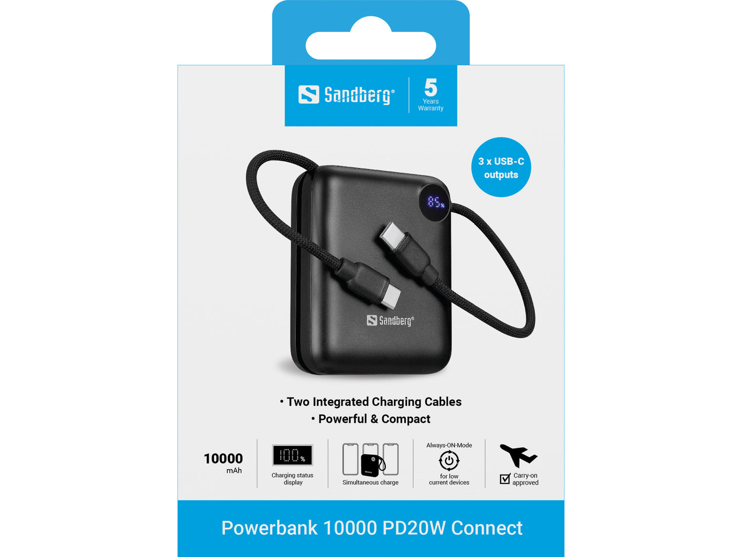 Sandberg 421-26 Powerbank 10000 PD20W Connect – Fast Charge, 3 USB-C Outputs