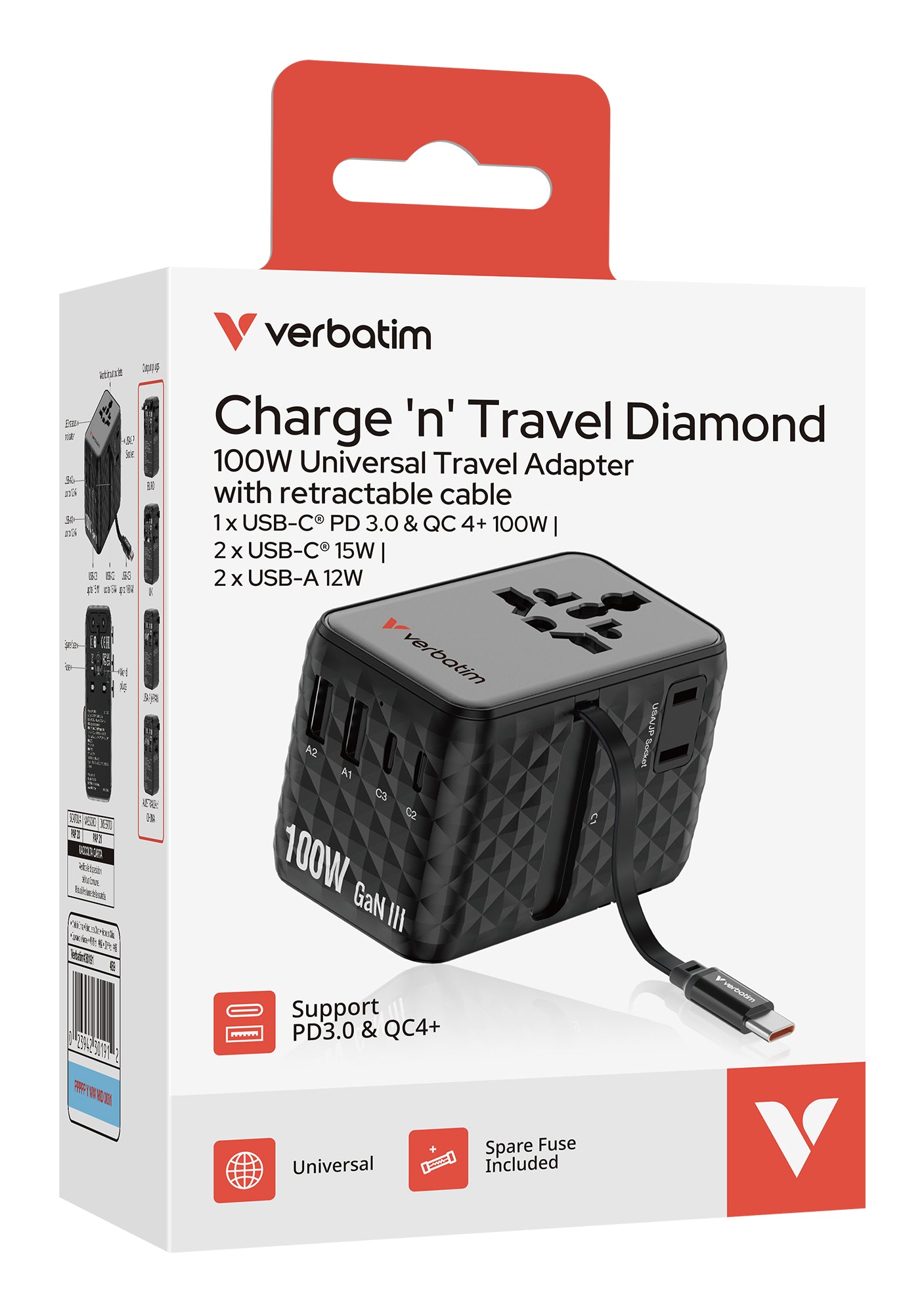 Verbatim 30191 Charge 'n' Travel 100W Universal Travel Adapter Black