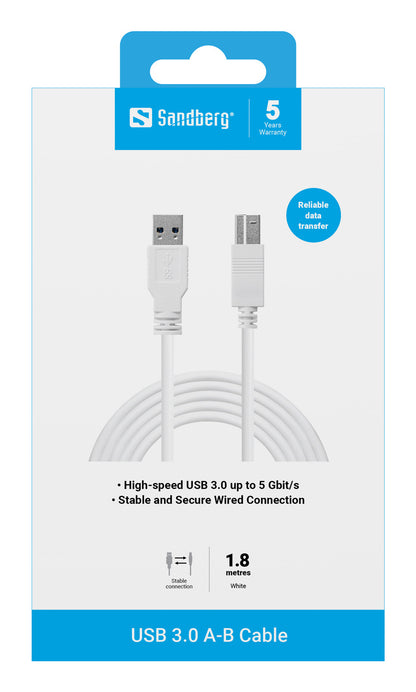 Sandberg 509-23 USB 3.0 A-B Cable 1.8m – High-Speed White Data Lead