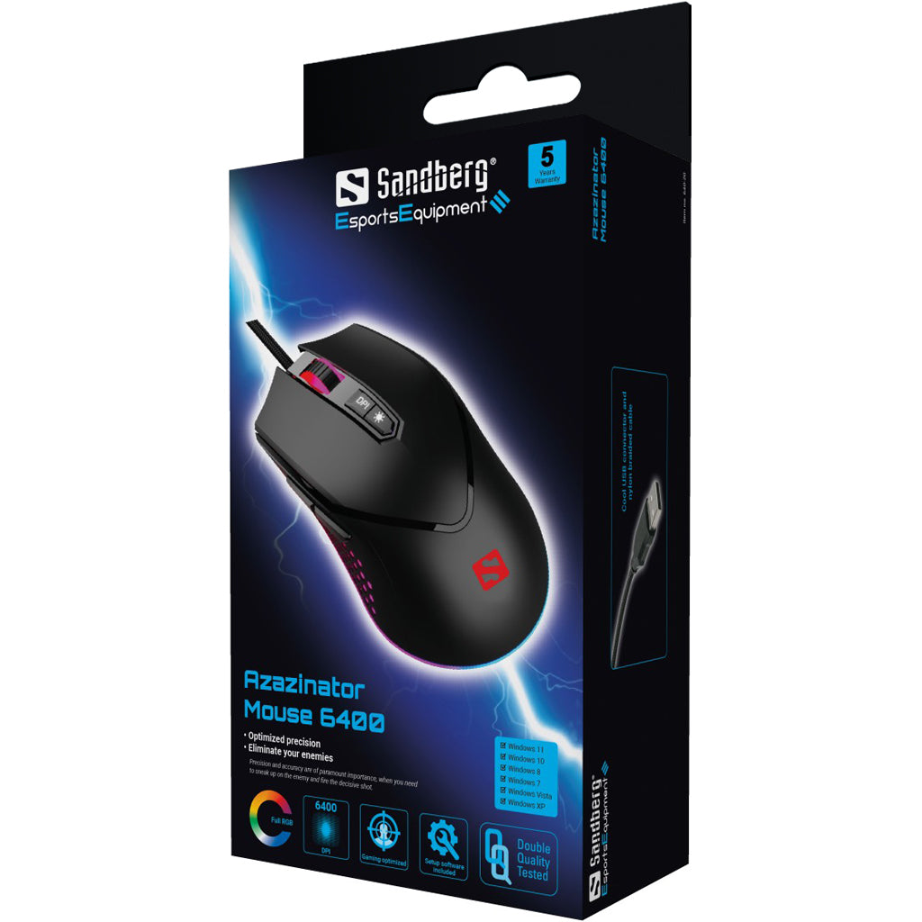 Sandberg 640-20 Azazinator Mouse – Gaming USB 6400 DPI 7-Button RGB