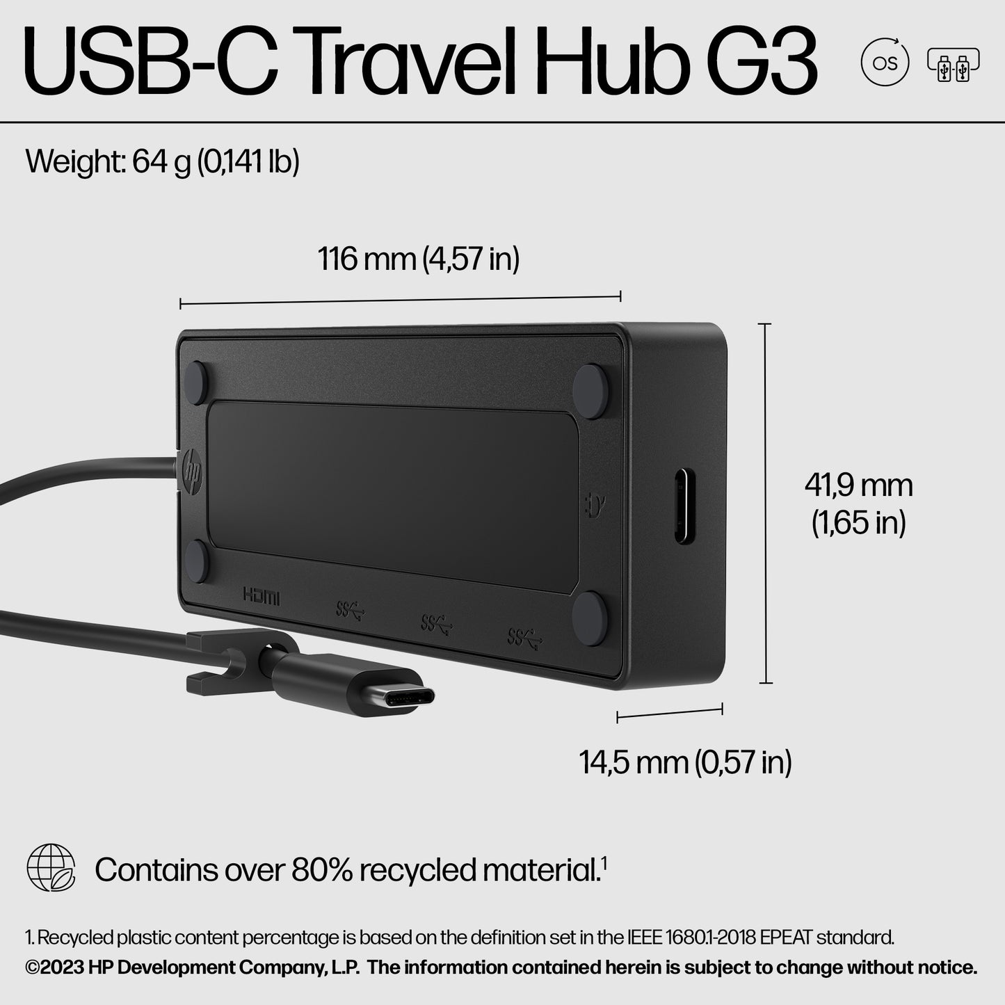 HP 86T46AA#ABB USB-C Travel Hub G3 – 5-Port 65W HDMI USB-A USB-C