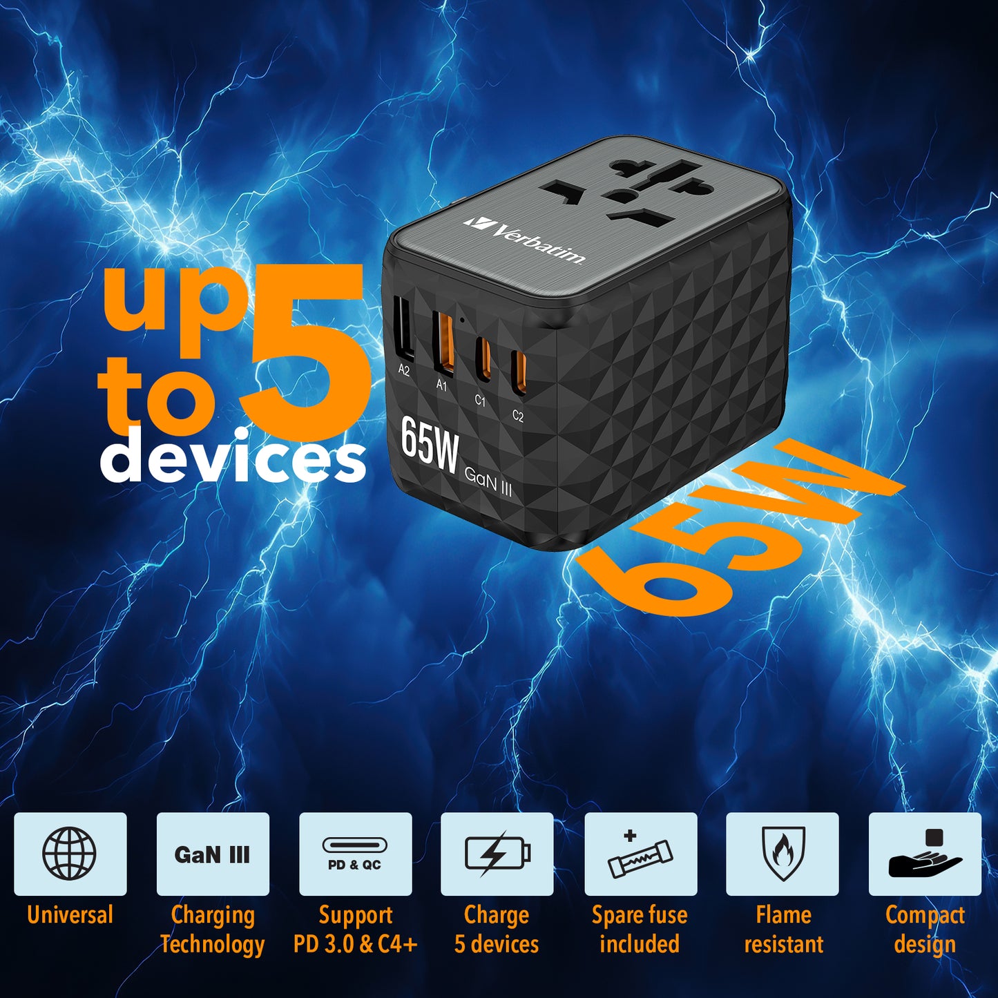 Verbatim 32120 UTA-05 65W GaN III Universal Travel Adapter – 2x USB-C PD, 2x USB-A, Black