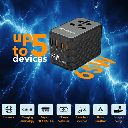 Verbatim 32120 UTA-05 65W GaN III Universal Travel Adapter – 2x USB-C PD, 2x USB-A, Black