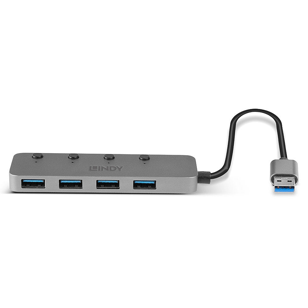 Lindy 43309 4 Port USB 3.0 Hub with On/Off Switches – SuperSpeed 5Gbps, Grey