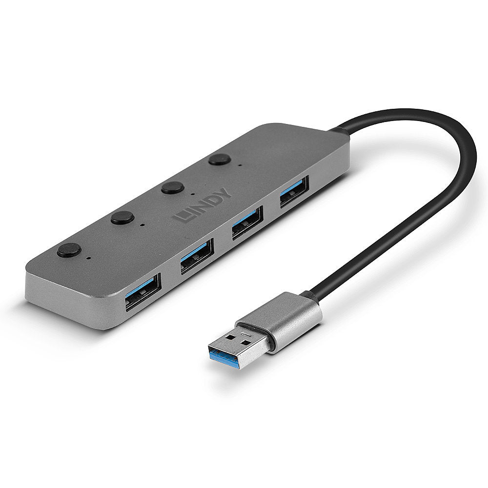 Lindy 43309 4 Port USB 3.0 Hub with On/Off Switches – SuperSpeed 5Gbps, Grey