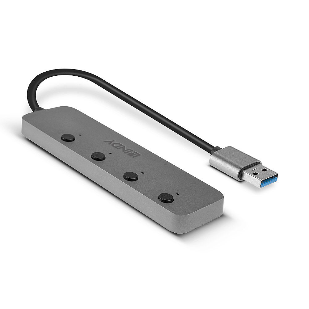 Lindy 43309 4 Port USB 3.0 Hub with On/Off Switches – SuperSpeed 5Gbps, Grey