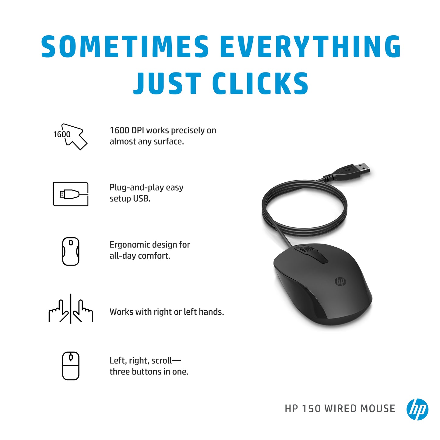 HP 240J6AA Wired Optical Mouse – Ergonomic USB Design