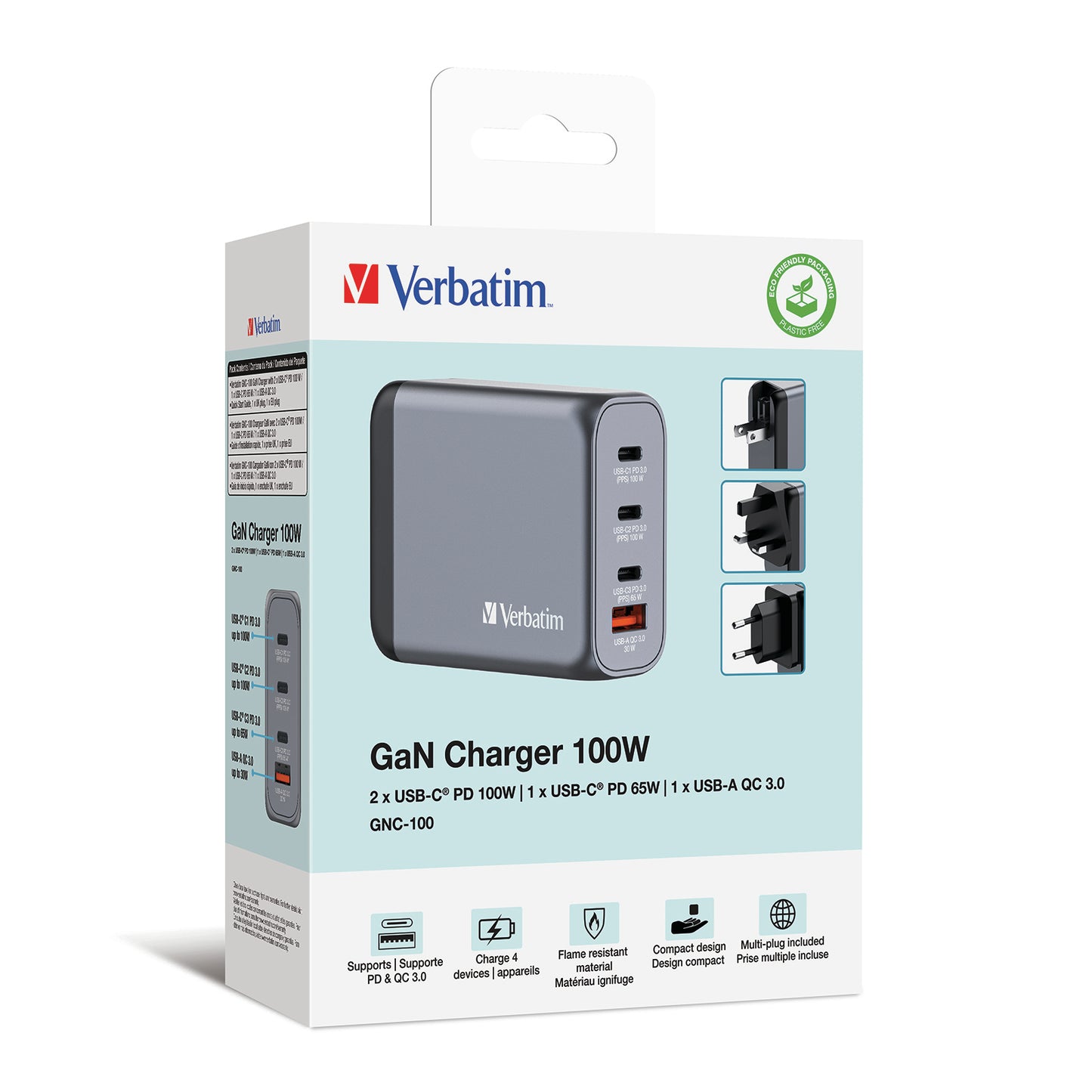 Verbatim 32202 GaN Charger 100W 4-Port USB-C/A Fast Wall Adapter