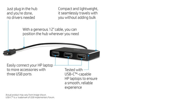 HP Z6A00AA USB-C to USB-A Hub – 3-Port USB 3.2 Gen 1, Black, Compact Design