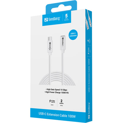 Sandberg 136-55 USB-C Extension Cable – 2m, 100W Power Delivery, USB 3.1 Gen 2, White