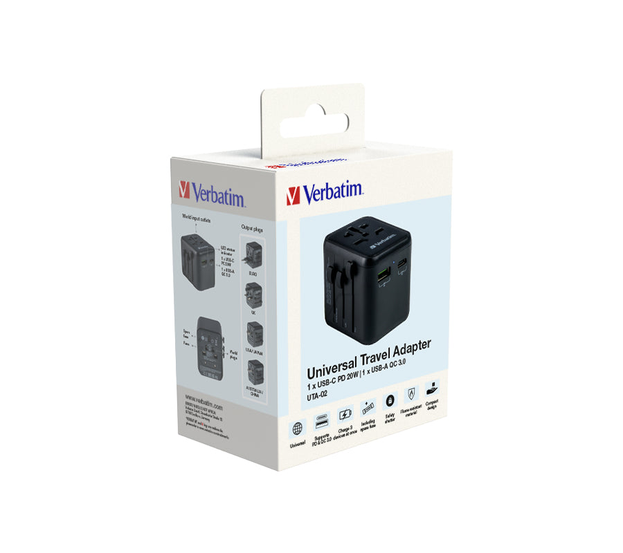 Verbatim 49544 Universal Travel Adapter – 20W Power Plug Adapter with USB-C PD & USB-A QC