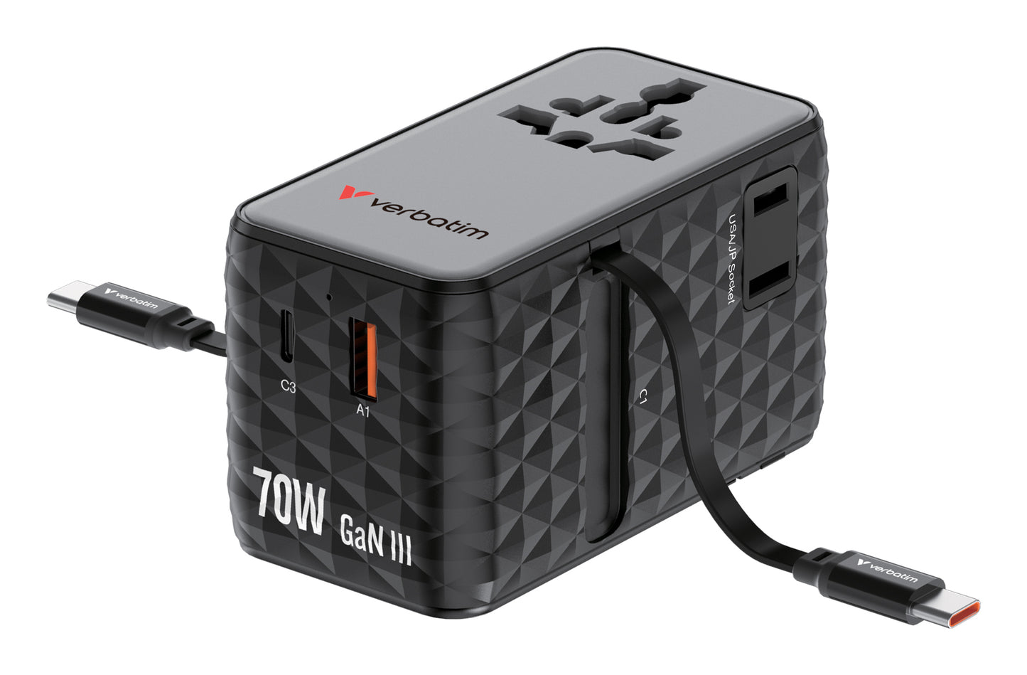 Verbatim 30186 Charge 'n' Travel 70W Universal Travel Adapter – GaN, 2C, Fast Charging, Black