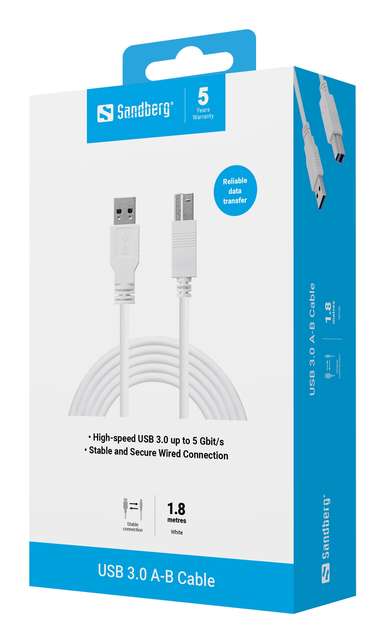 Sandberg 509-23 USB 3.0 A-B Cable 1.8m – High-Speed White Data Lead