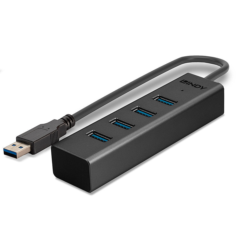 Lindy 43324 4 Port USB 3.0 Hub – High-Speed 5Gbps, Aluminium, Black
