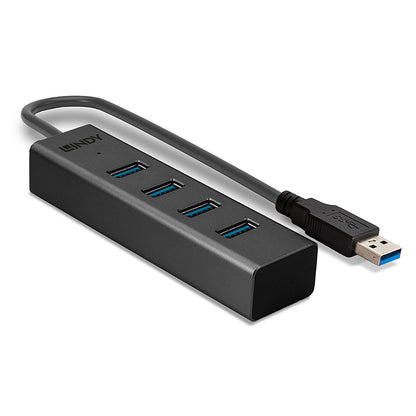 Lindy 43324 4 Port USB 3.0 Hub – High-Speed 5Gbps, Aluminium, Black