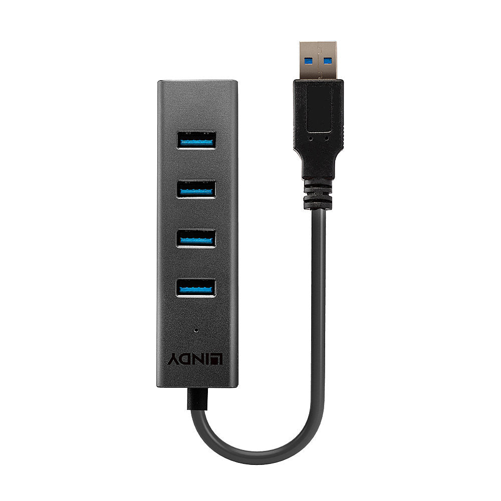 Lindy 43324 4 Port USB 3.0 Hub – High-Speed 5Gbps, Aluminium, Black
