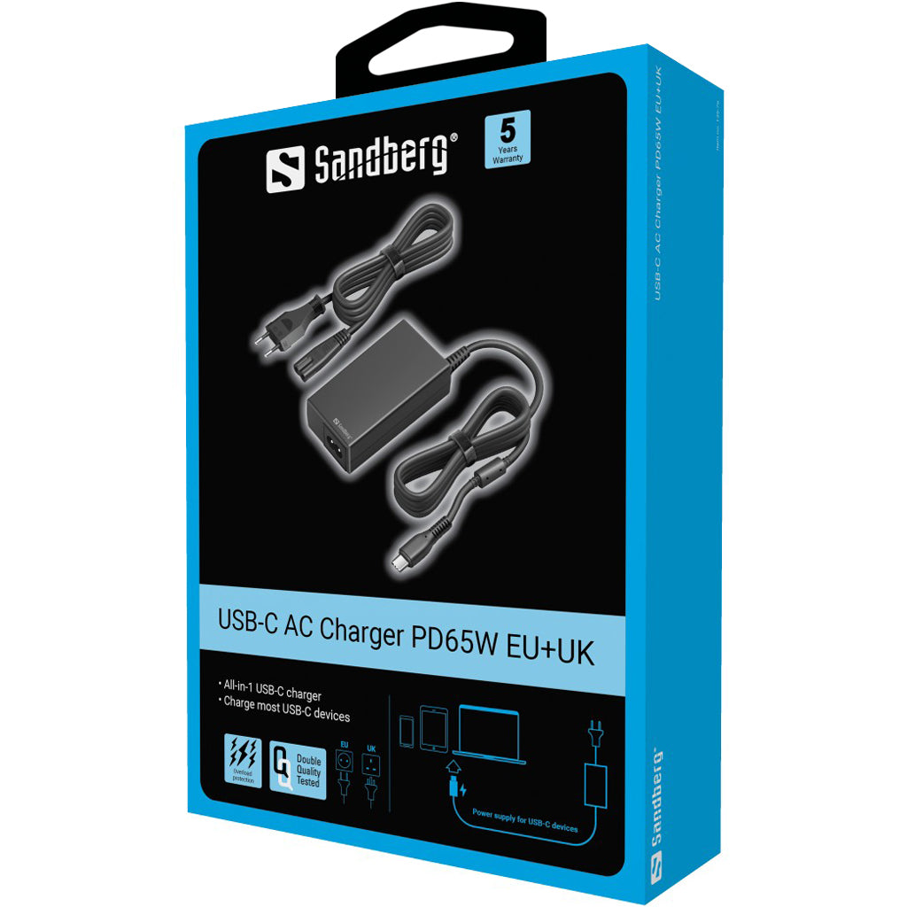 Sandberg 135-76 USB-C AC Charger PD65W – 65W Universal Power Adapter with EU & UK Plugs