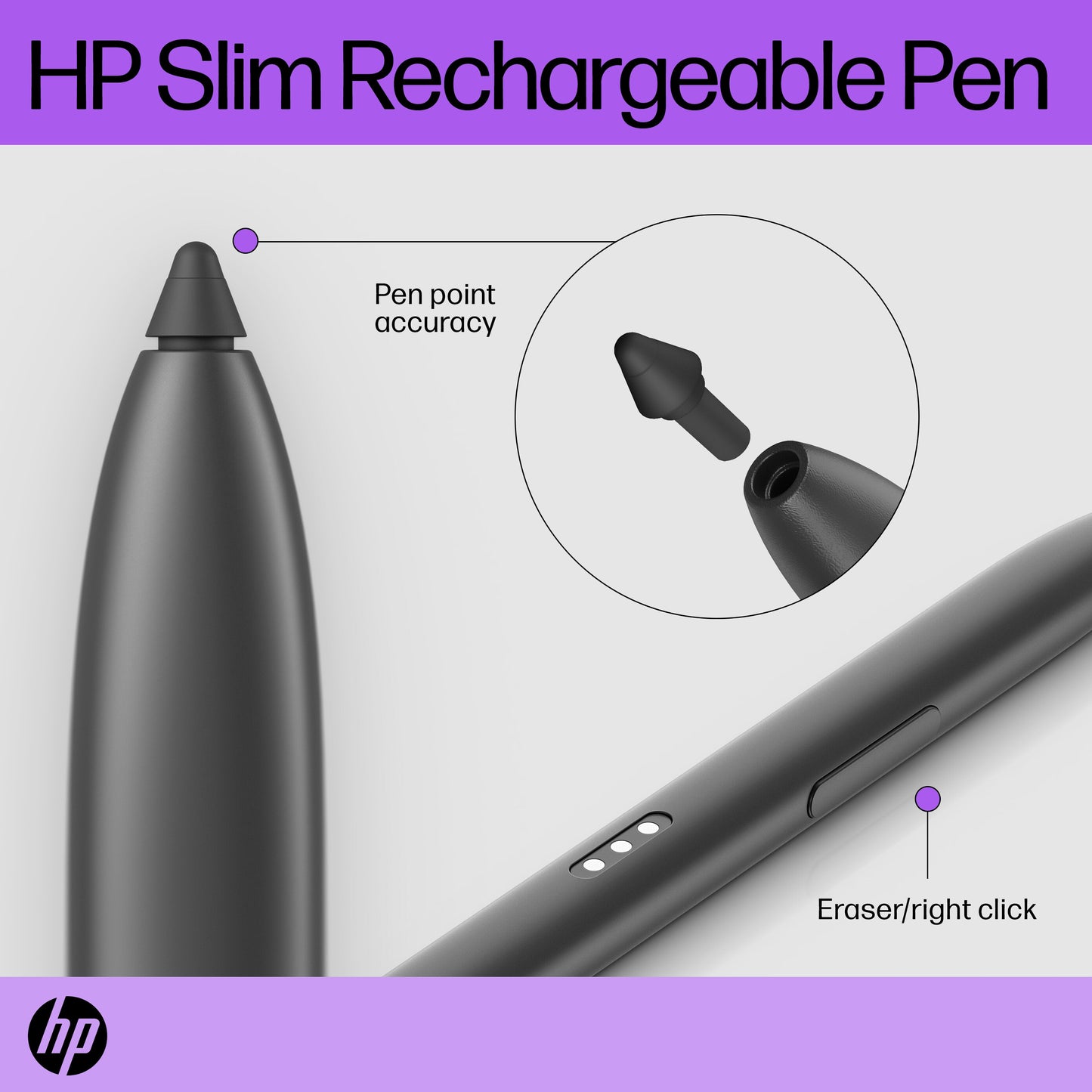 HP 630W7AA Slim Rechargeable Pen – Black Stylus with Built-in Battery
