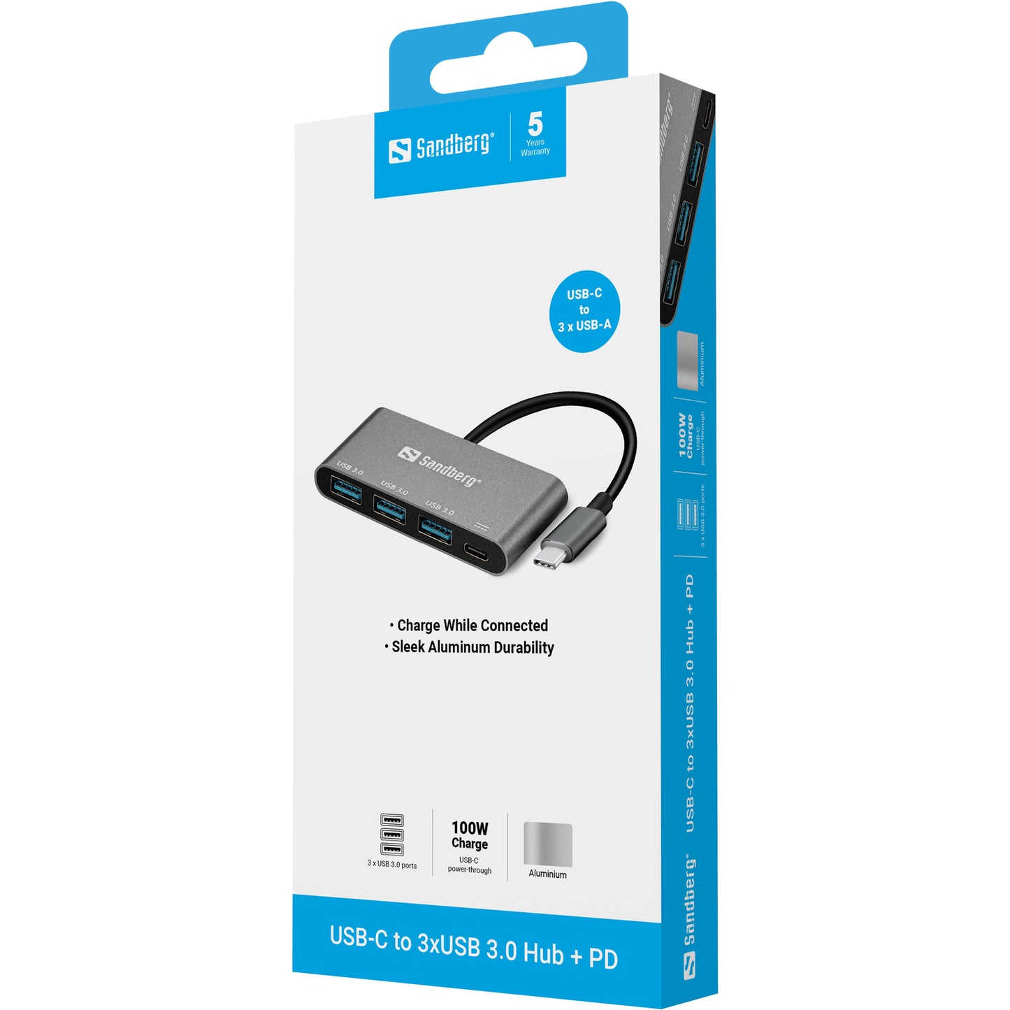 Sandberg 136-03 USB-C to 3xUSB 3.0 Hub + PD – Aluminium, 5000 Mbit/s