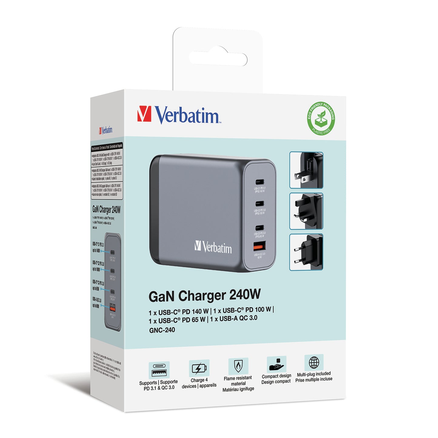 Verbatim 32205 GaN Charger 240W 4-Port USB-C/A Fast Charging Wall Adapter