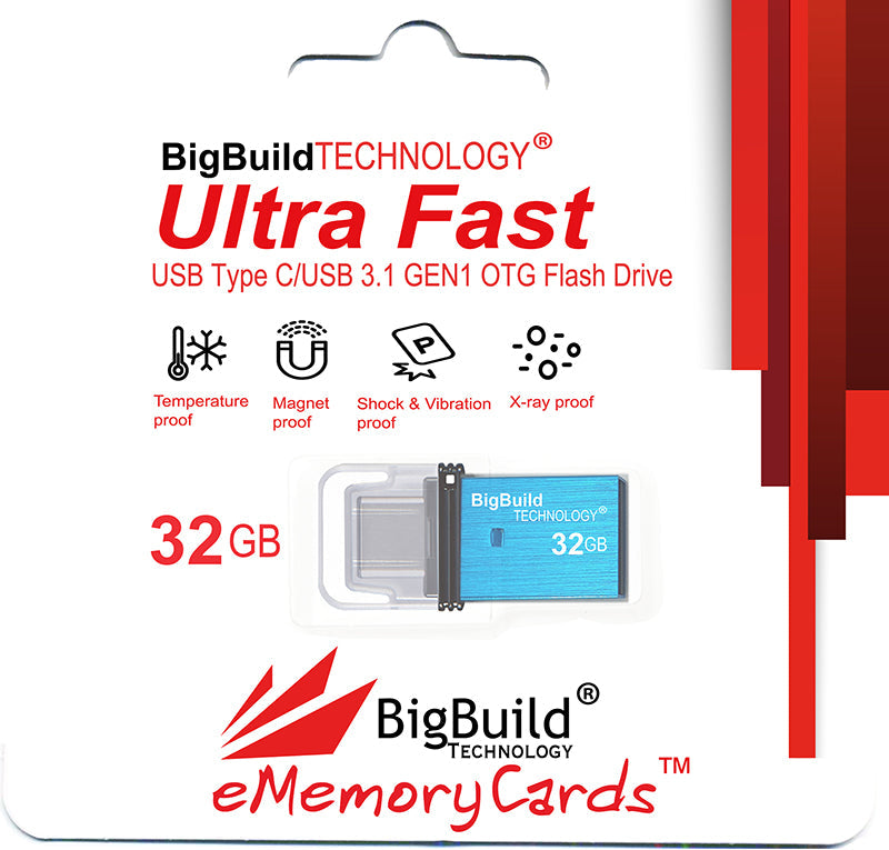 BigBuild Technology 32GB Blue Dual Drive Type C OTG USB Memory Stick, USB Drive