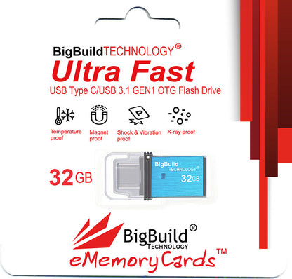 BigBuild Technology 32GB Blue Dual Drive Type C OTG USB Memory Stick, USB Drive