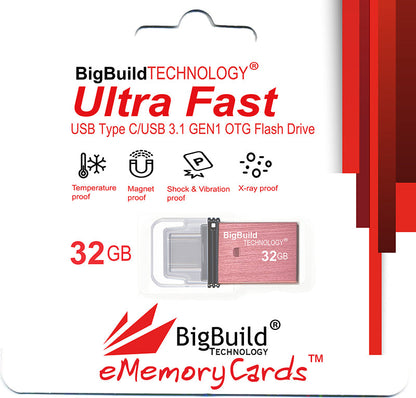 BigBuild Technology 32GB Red Dual Drive Type C OTG USB Memory Stick, USB Drive