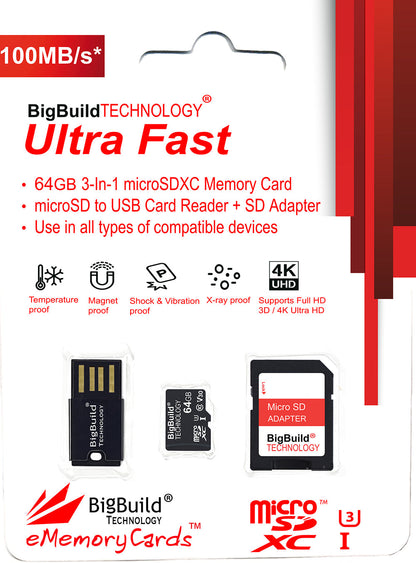 BigBuild Technology 64GB Ultra Fast 100MB/s Micro SDXC Memory Card, Perfect for Smartphones