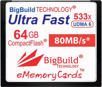 BigBuild Technology 64GB Ultra Fast 533x 80MB/s UDMA 6 CompactFlash Memory Card