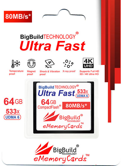 BigBuild Technology 64GB Ultra Fast 533x 80MB/s UDMA 6 CompactFlash Memory Card