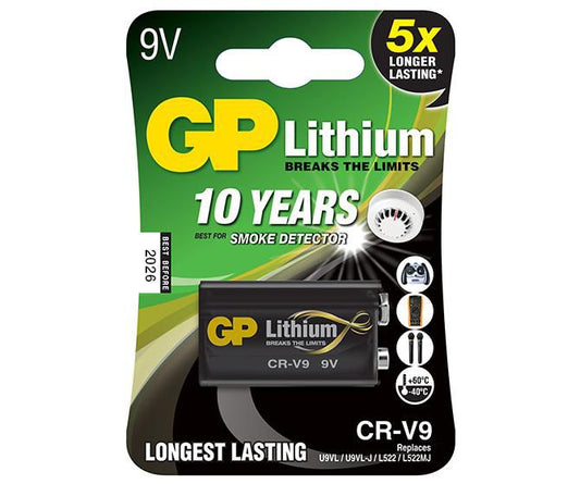 GP 255076 9V Lithium Battery 1-Pack – 10-Year Shelf Life Black Prismatic