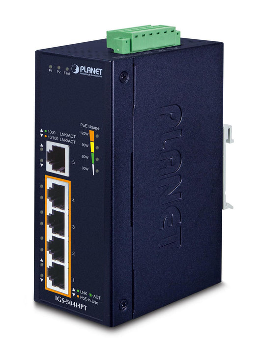 Planet IGS-504HPT Industrial 5-Port Gigabit PoE+ Ethernet Switch IP40