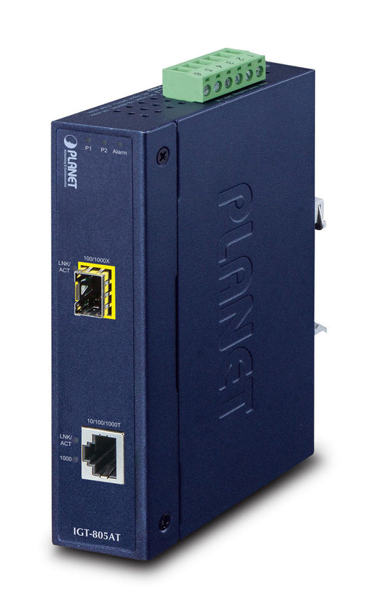 Planet IGT-805AT Industrial SFP Media Converter – 1000Mbps, IP30, 5-Year Warranty