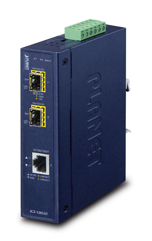 Planet IGT-1205AT Network Media Converter – 1-Port 10/100/1000T to 2-Port 100/1000/2500X SFP, IP30, 5-Year Warranty