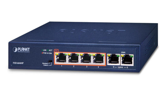 Planet FSD-604HP Network Switch – 6-Port 10/100BASE-TX PoE+ 63W Unmanaged