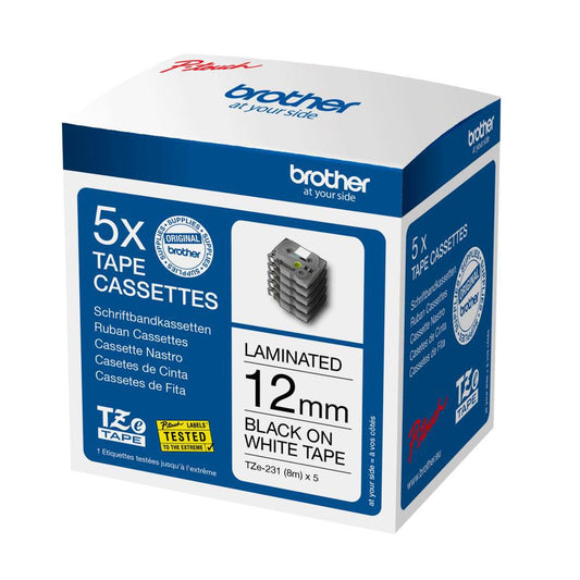 Brother TZE-231M5 Label Making Tape – Black on White 12mm x 8m 5-Pack