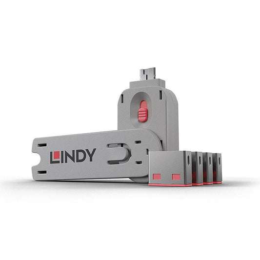 Lindy 40450 USB Port Blocker Pack – 4 Pink Blockers with Key | Secure USB Type-A Ports