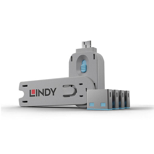 Lindy 40452 USB Port Blocker – 4 Pack Blue with Key – Secure USB Type-A Ports – REACH Certified