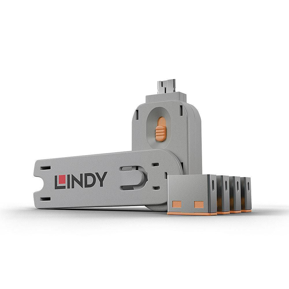Lindy 40453 USB Port Blocker Pack – 4 Orange Blockers with Key – ABS Security Solution