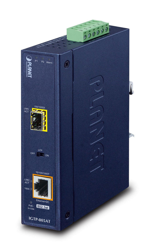 Planet IGTP-805AT Industrial Gigabit PoE Media Converter – SFP, IP30, 30W