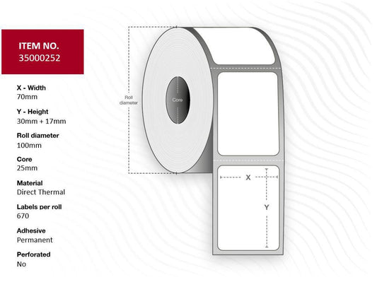 Capture 35000252 Printer Labels – White Direct Thermal Roll, 70x30/17mm, 670 Labels