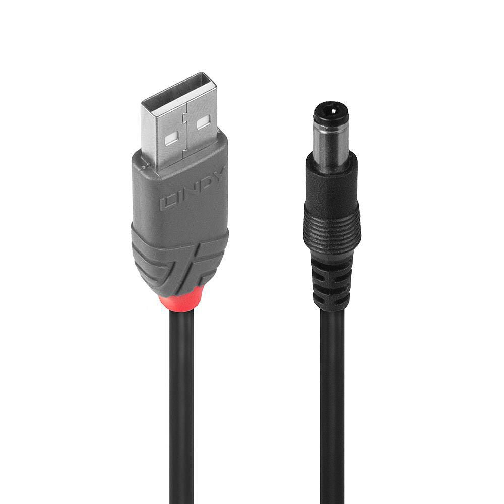 Lindy 70267 USB 2.0 Type A to 5.5mm DC Cable – 1.5m, Male/Male, Black