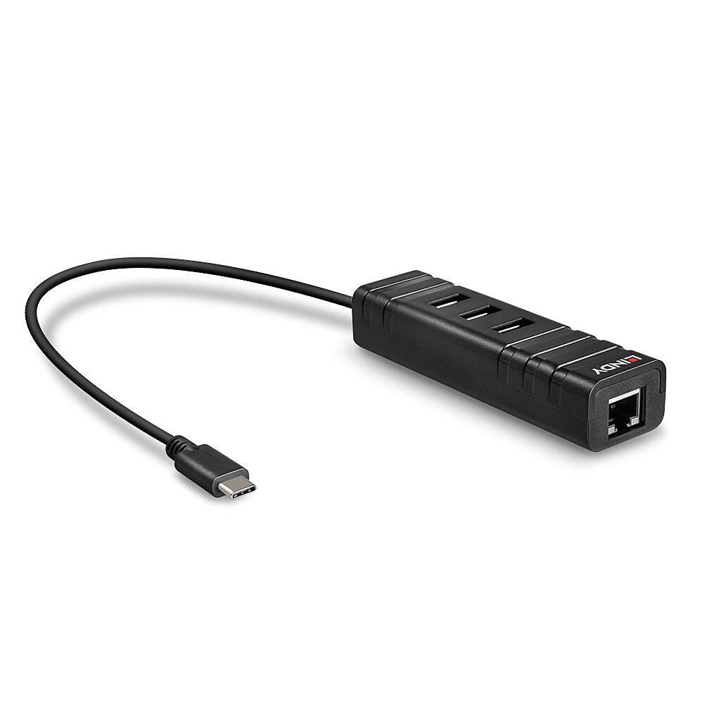 Lindy 43249 USB 3.2 Type C Hub and Gigabit Ethernet Converter 5Gbps Black