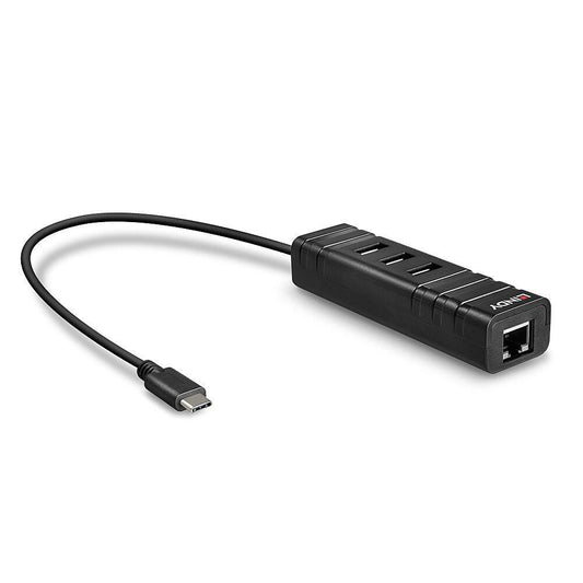 Lindy 43249 USB 3.2 Type C Hub and Gigabit Ethernet Converter 5Gbps Black